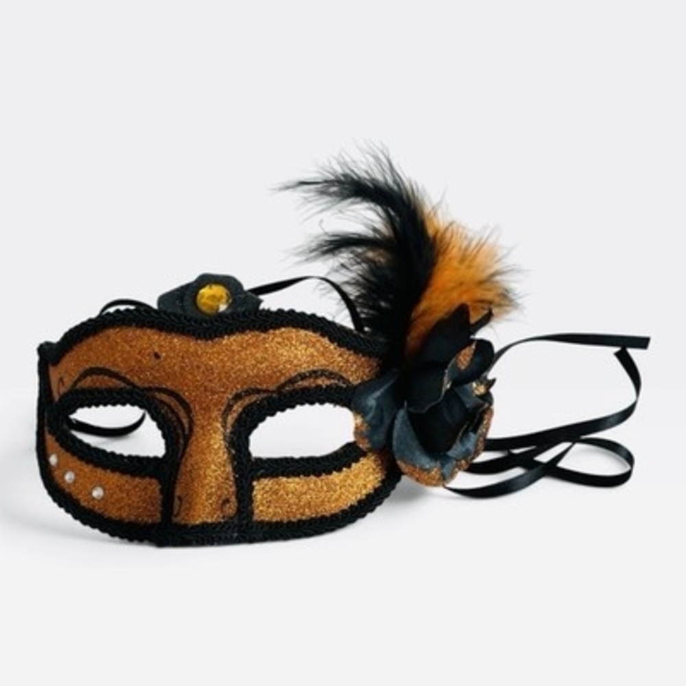Venetian Masquerade Mask Gold Glitter Feather Trim Halloween Costume Party VG